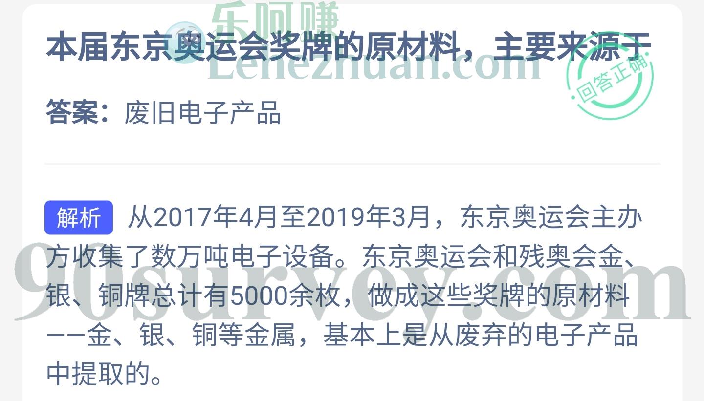 2020年东京奥运会奖牌的原材料主要来源于？答案：废旧电子产品