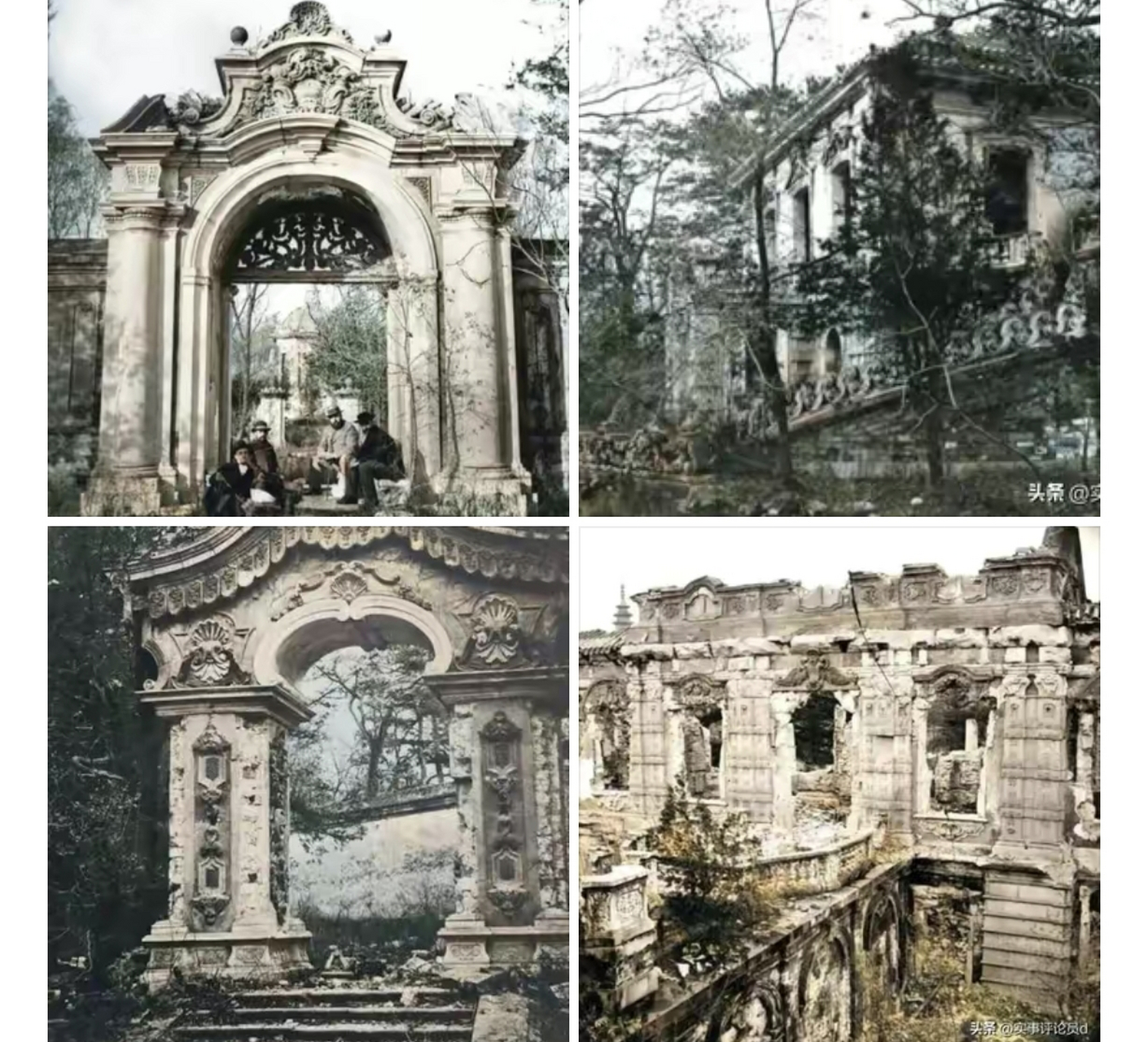 这是圆明园被烧毁13年后的照片,1873年,几个洋人坐在圆明园的西洋建筑