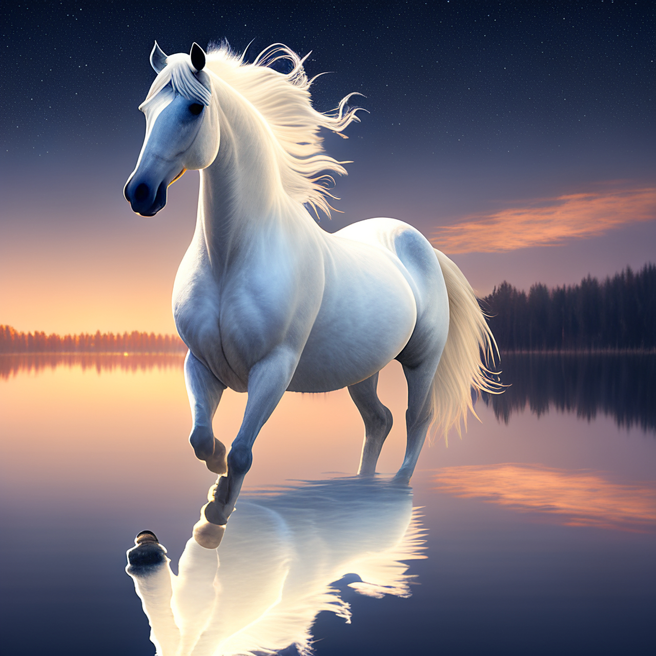 一匹白马在水平如镜的湖面上停留或奔跑,营造出一种超现实风格的意境