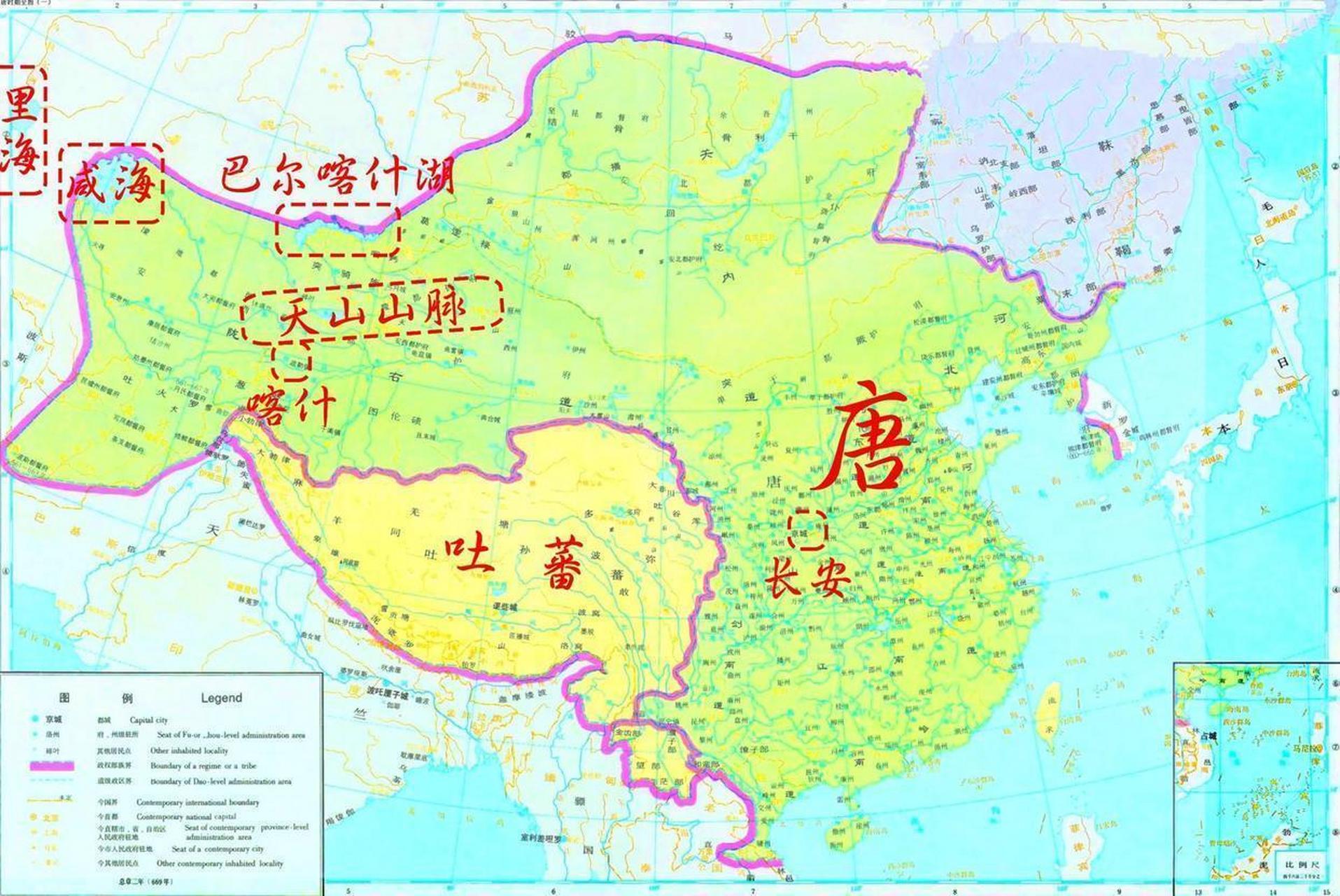 唐朝疆域极盛时期东至朝鲜半岛,西达中亚咸海一带,南至越南顺化,北括