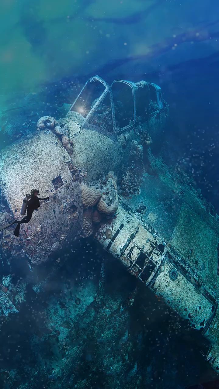 潜水员在深海发现的飞机残骸,却有灯隐隐约约的还一直亮着#自由潜水