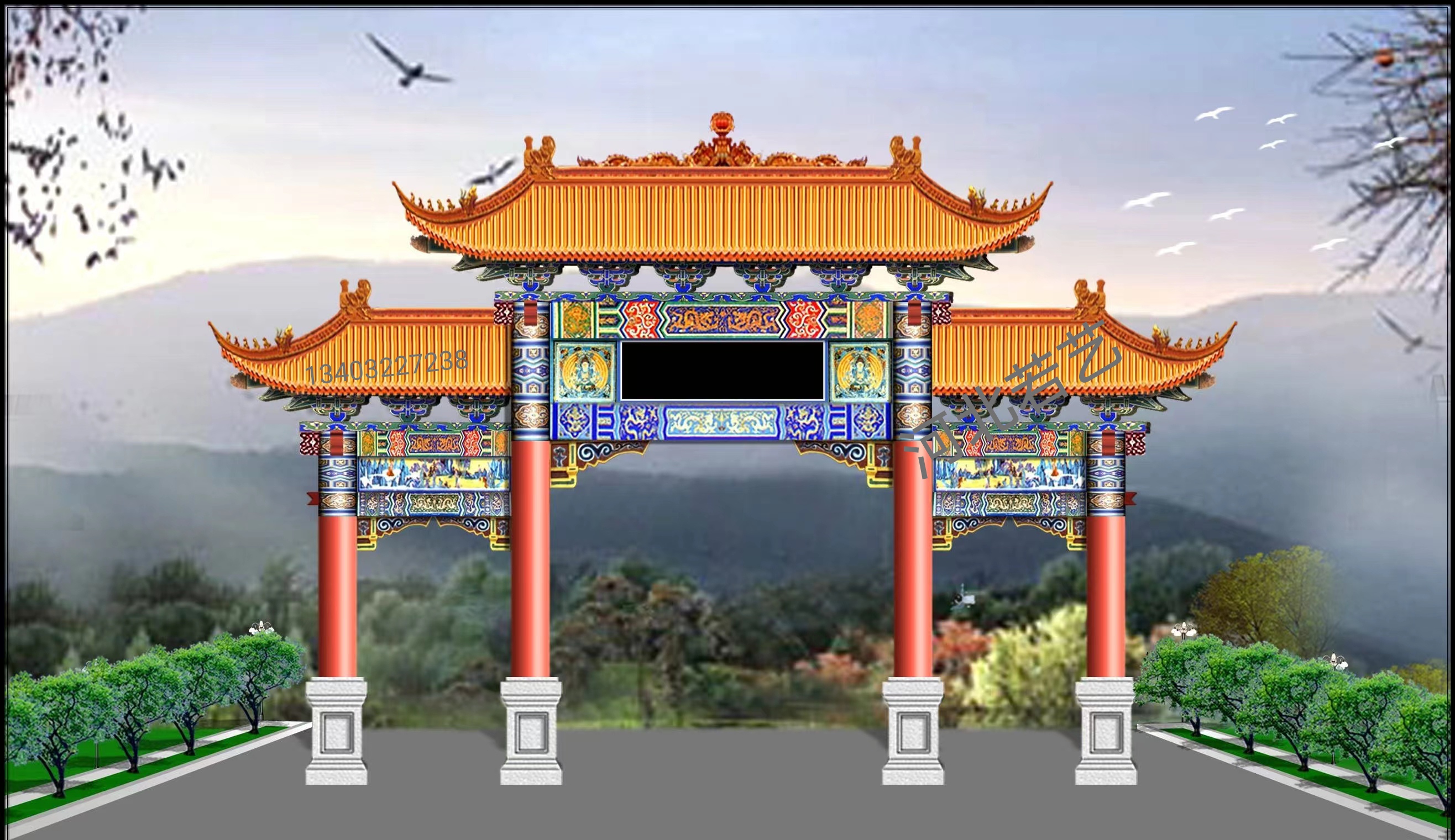 村口仿古四柱水泥牌楼 仿古牌坊施工方案