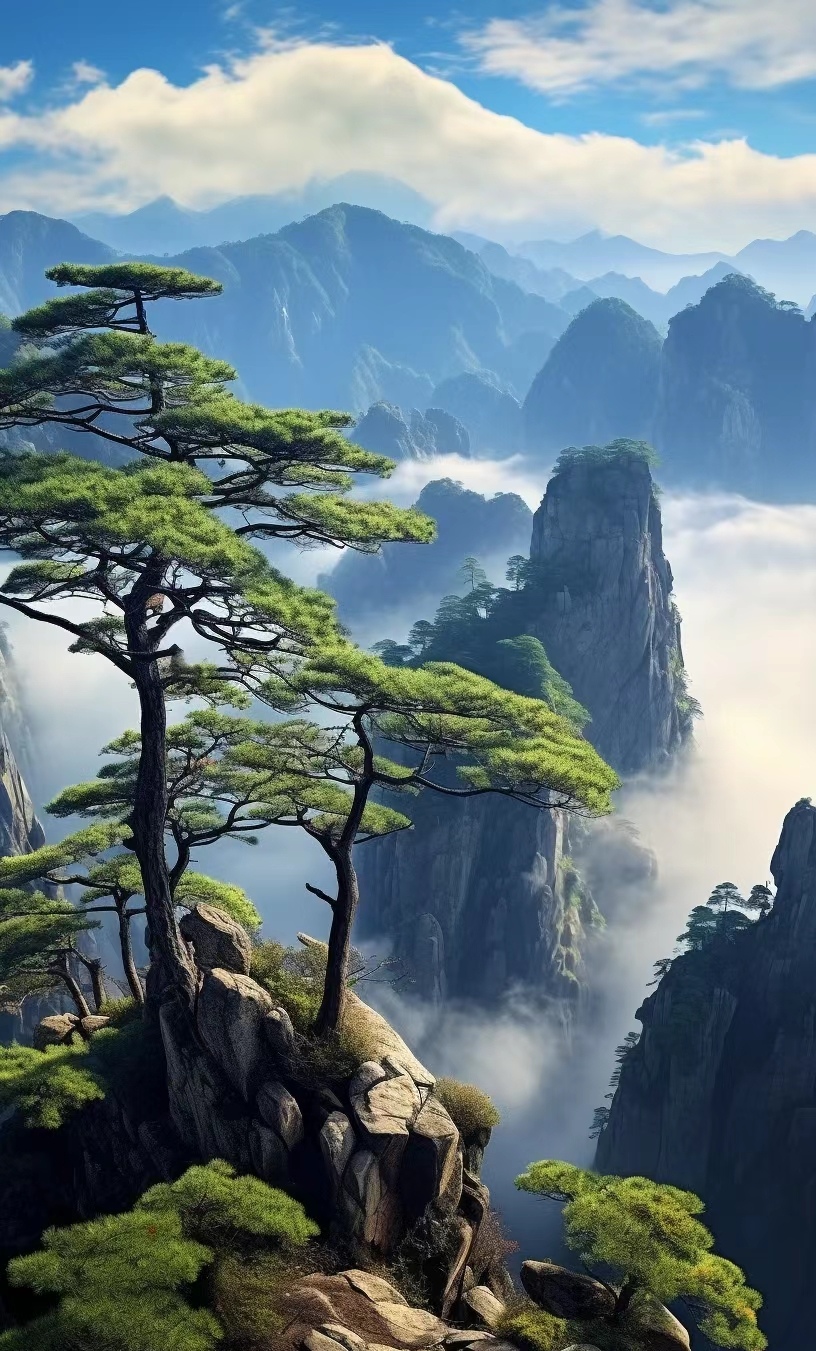 黄山的青松如针,取意它的高洁挺拔.这些青松经历了无数风雨