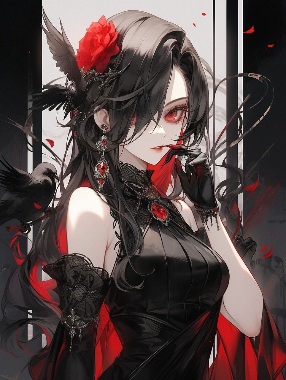 黑裙飘逸似夜幕,红羽头饰映月华#ai绘画