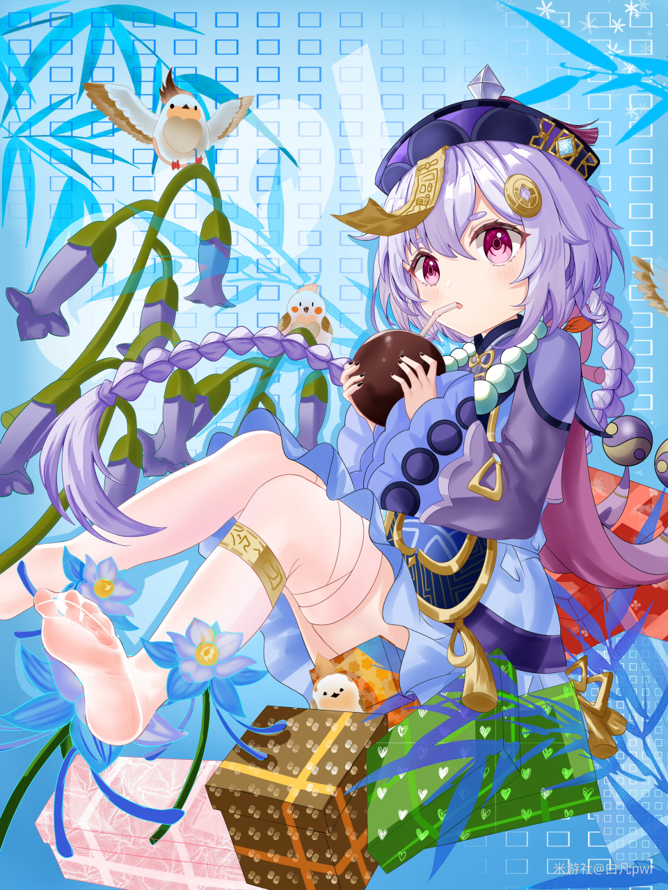 七七在喝新鲜的椰奶,你们要来一份吗 画师:白凡pwr