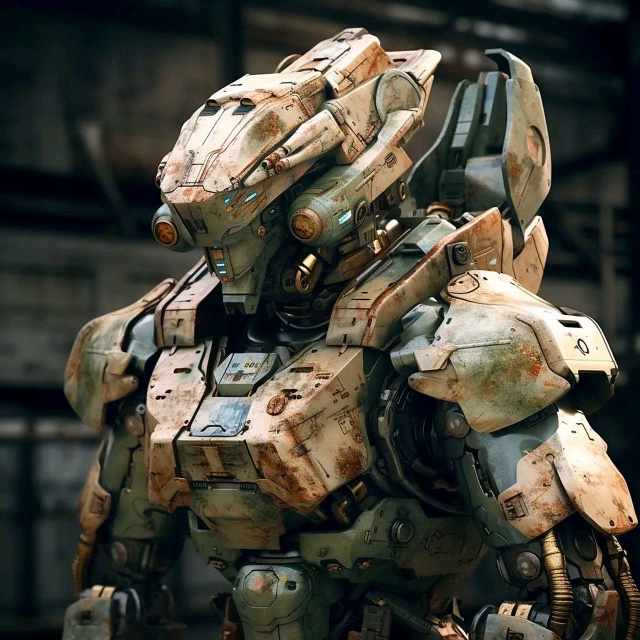 ai创作:一组军事用途的外骨骼盔甲,有光环的影子.