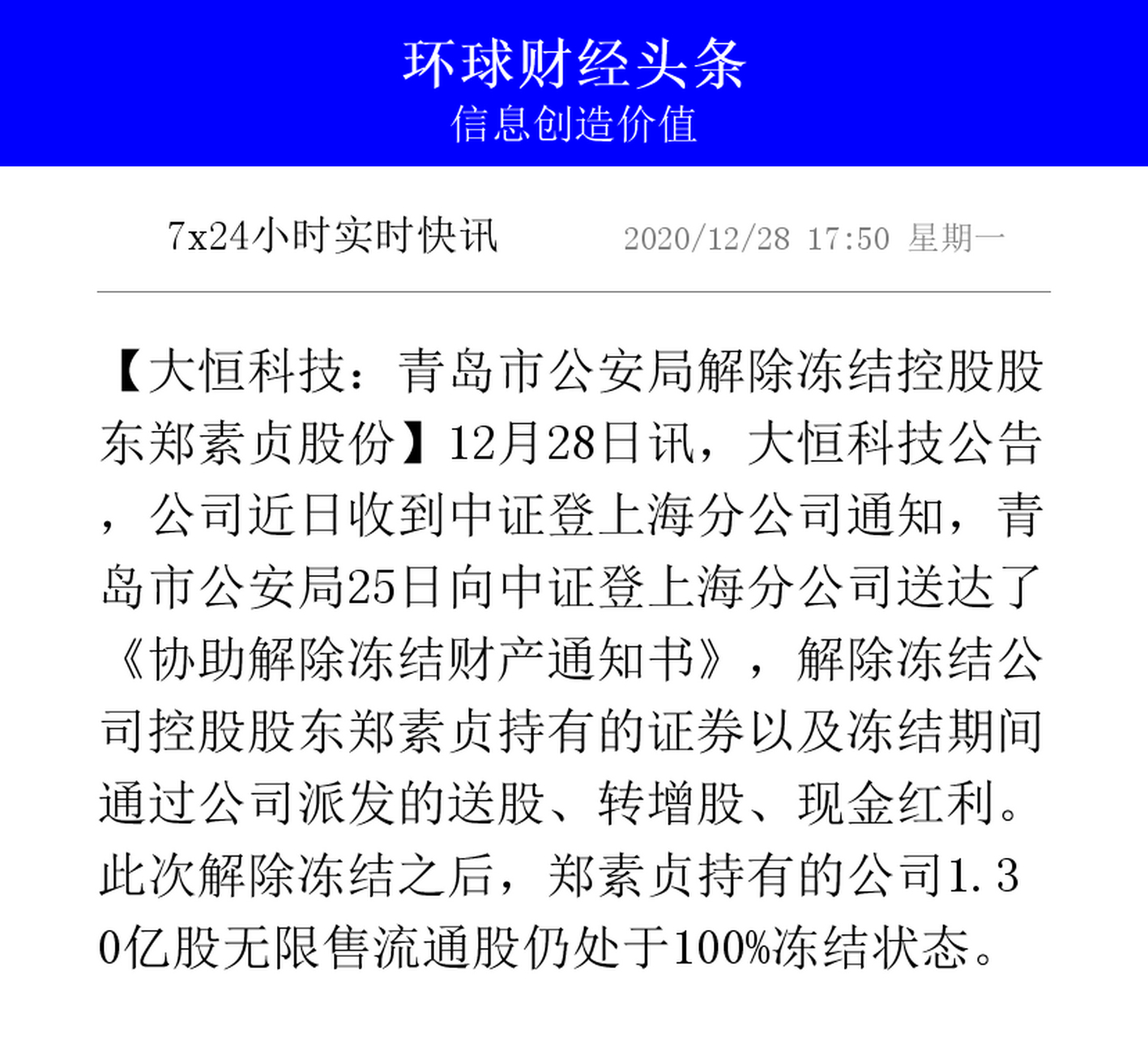 【大恒科技:青岛市公安局解除冻结控股股东郑素贞股份】12月28日讯