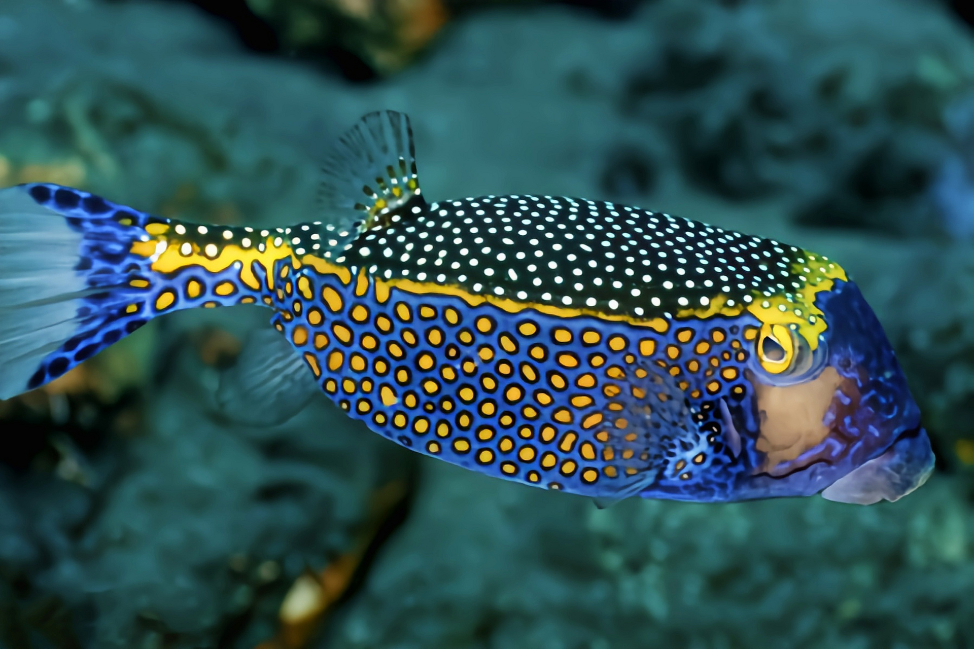 每天认识一种动物——花木瓜箱鲀 花木瓜箱鲀别名蓝箱鲀,白点箱鲀,原