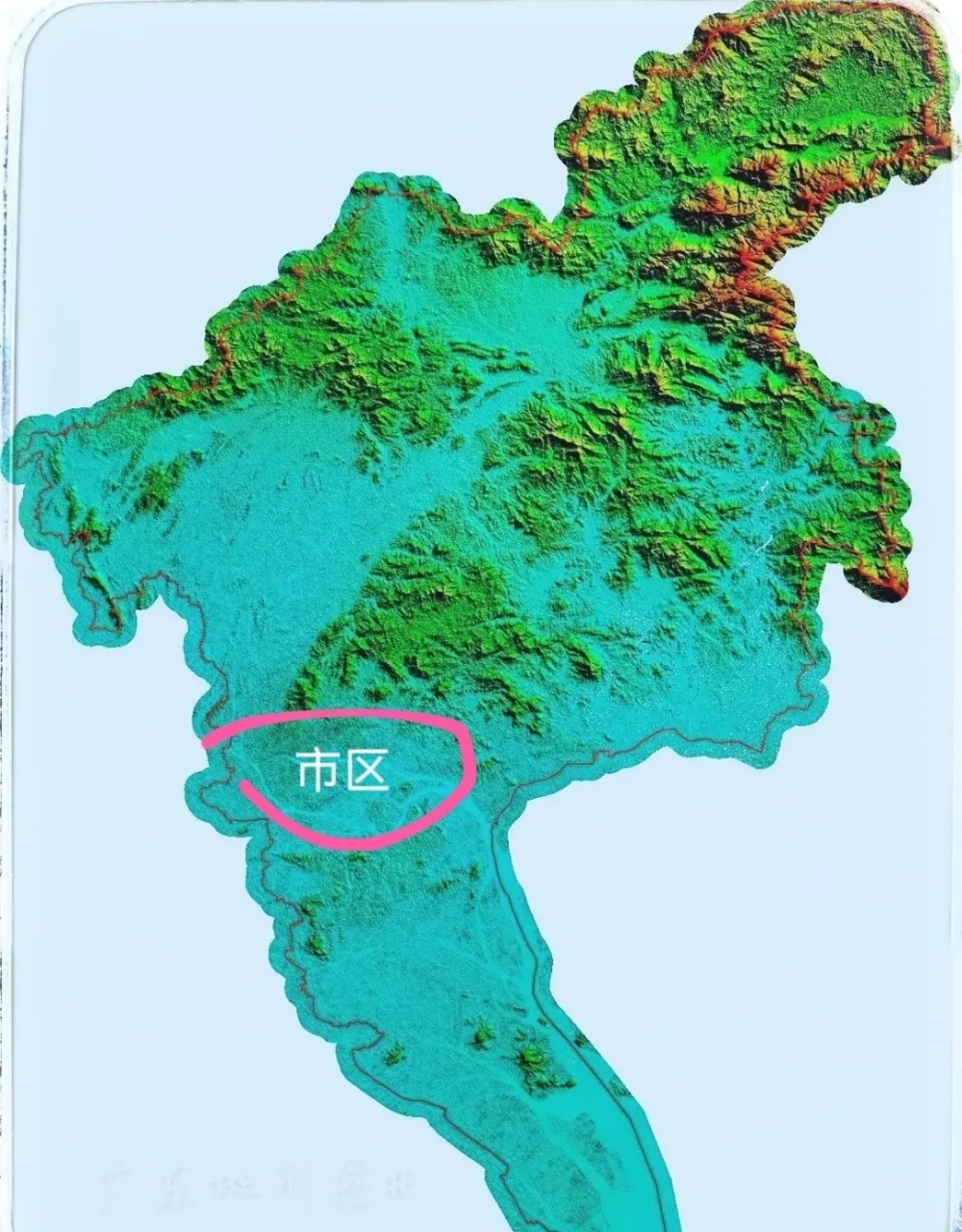 广州市全境地形地貌图,若大的从化区几乎全是山,南沙区位于珠江口