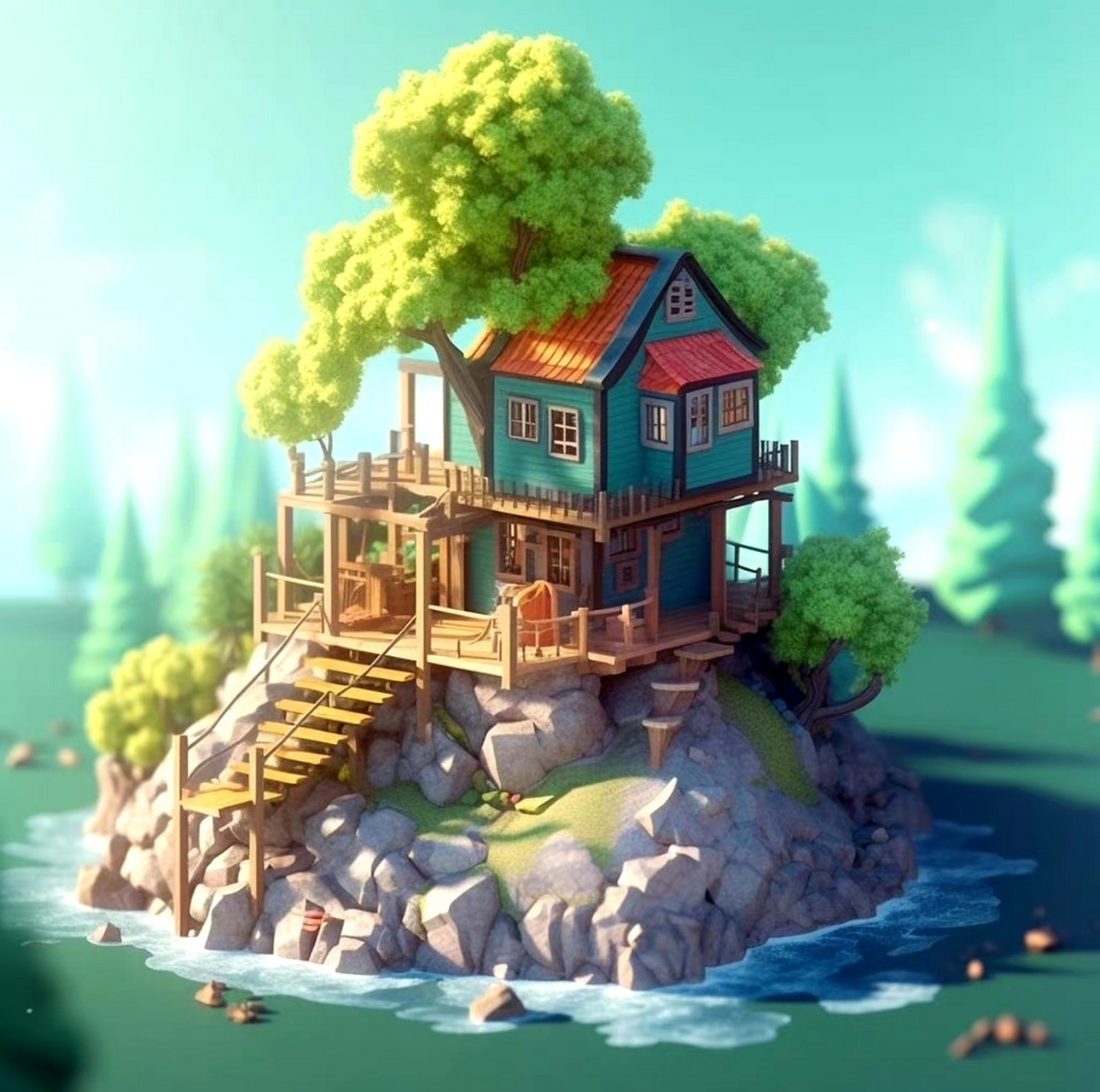 一组带有梦幻色彩树屋,是想象中的样子,by midjourney.