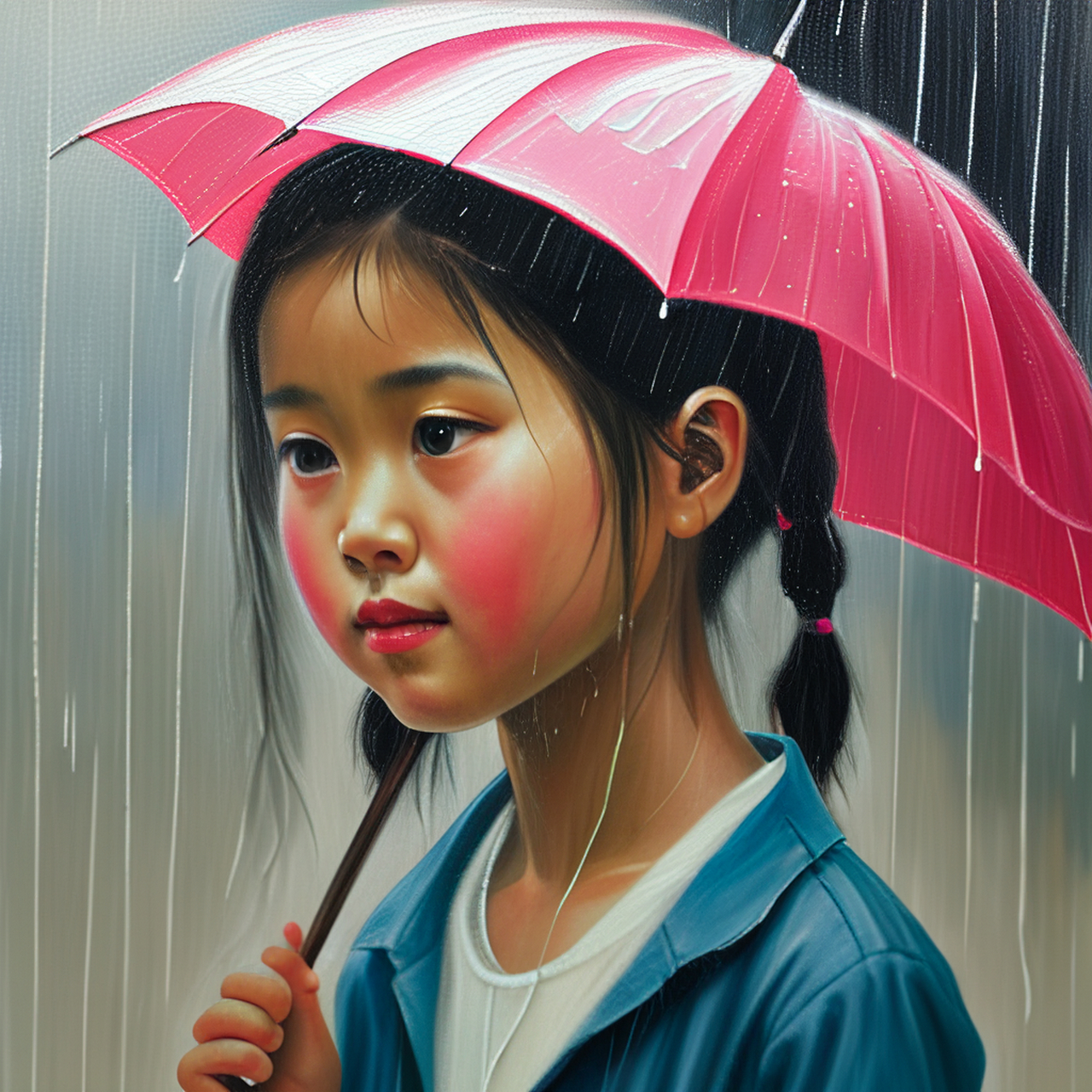 雨天打伞的10岁小女孩,现代风油画