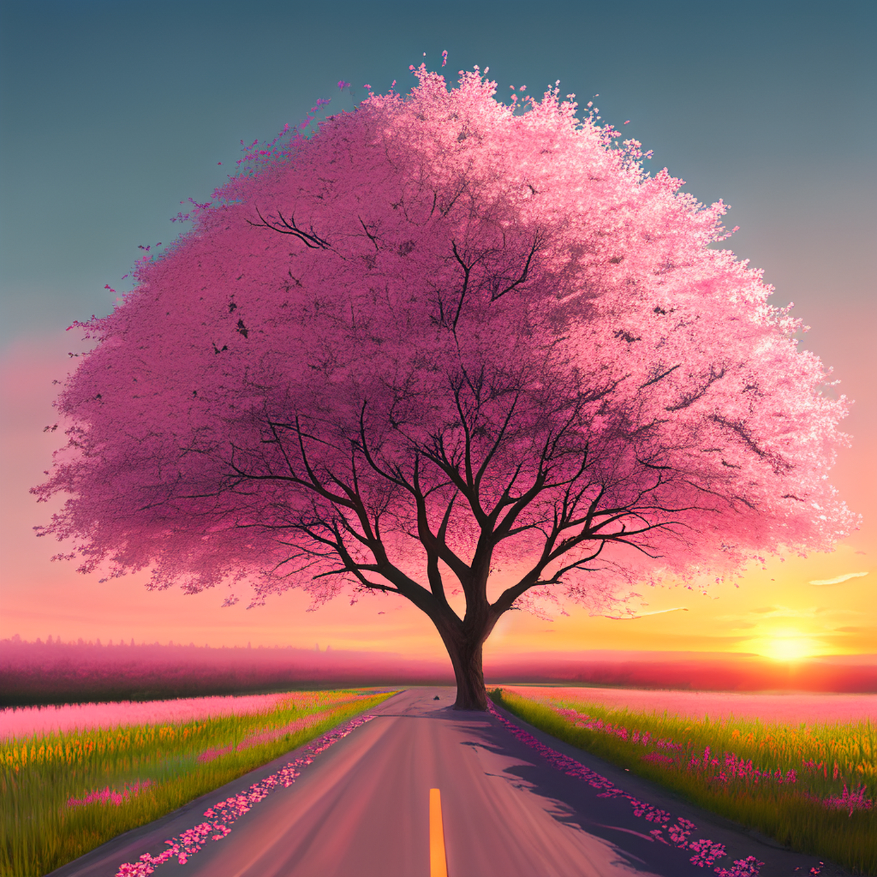 梦中的樱花树下,小路旁.