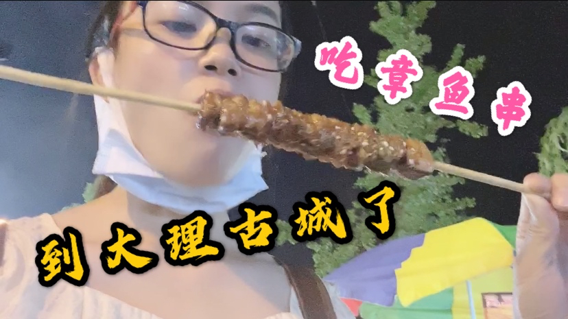 出发去大理了,到了古城实在是太饿了,买一串烤章鱼在路边吃起来