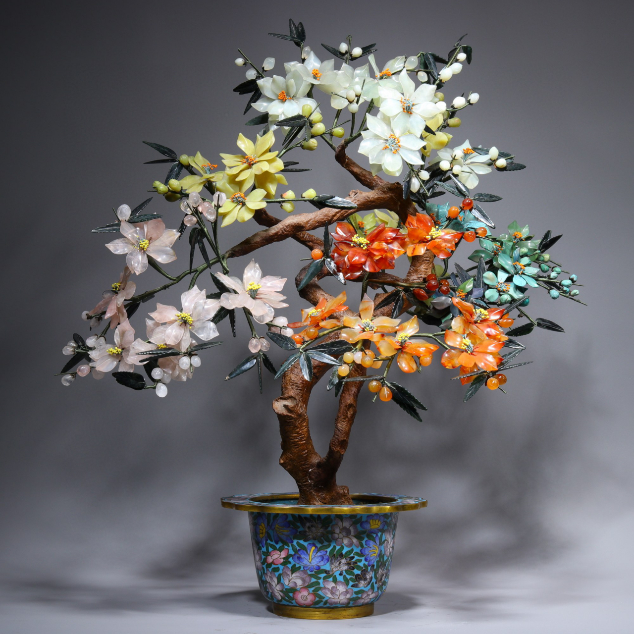 旧藏 宫廷风景泰蓝五色花卉盆景 尺寸:高54.5cm 宽51cm 厚32cm