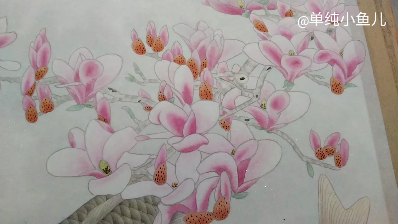 工笔画“玉兰花和鱼”不一样的视觉效果