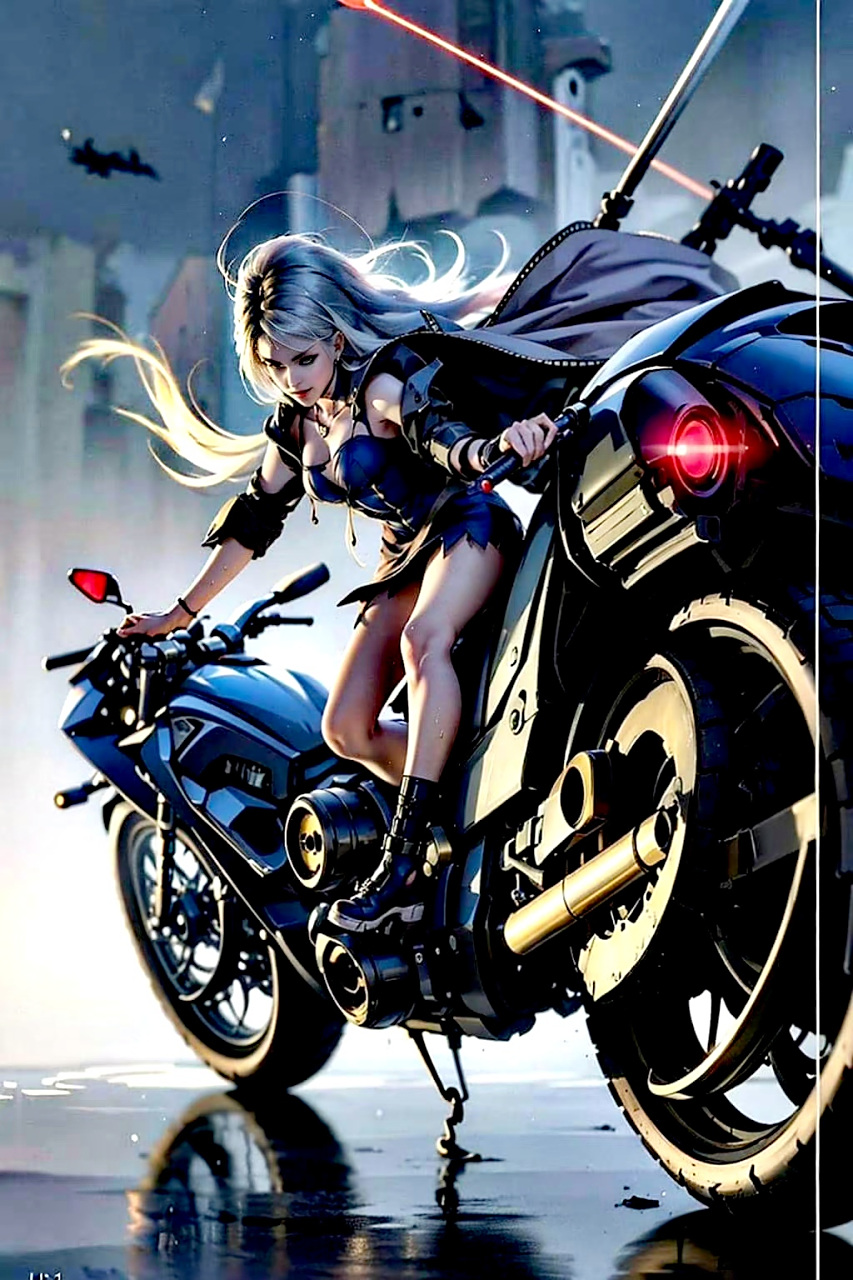 ai创作:少女,机车,与机甲,by 王湾湾. #动漫# #插画# #二次元