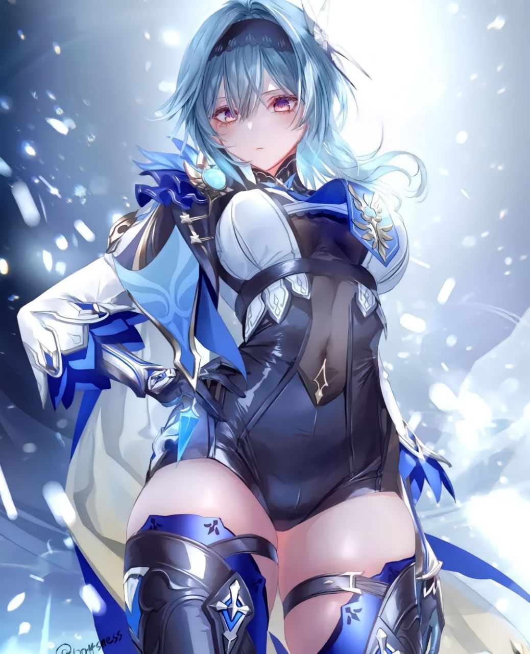 原神性感丰满的身材,穿着紧身的战斗服装,篮色的头发,使用双手剑,这就