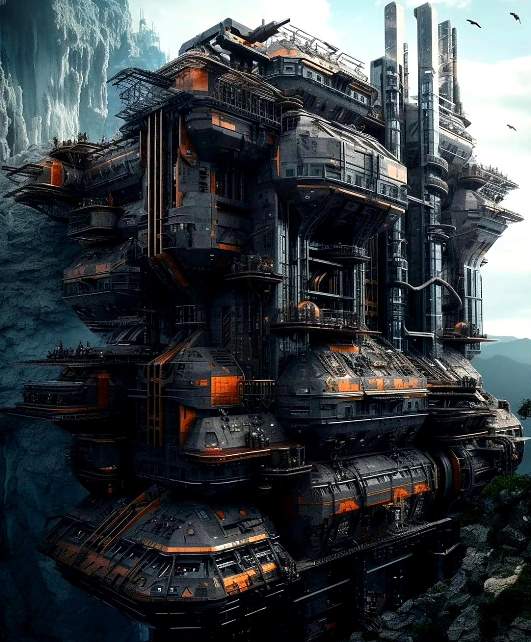 一组ai生成的重工业风格的钢铁堡垒,by mj.#动漫# #插画# #二次元