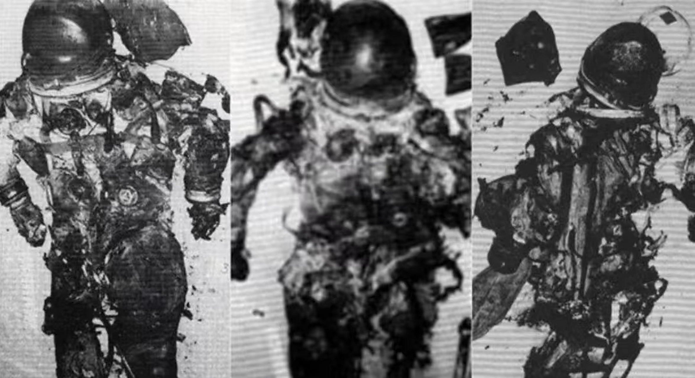 照片中被烧得焦黑碳化的遗体,是三名遇难的美国宇航员.