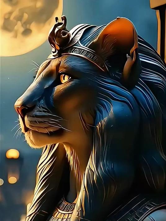 在夜空下,古埃及保护者和平女神,巴斯泰守护这座城市,狮头人身