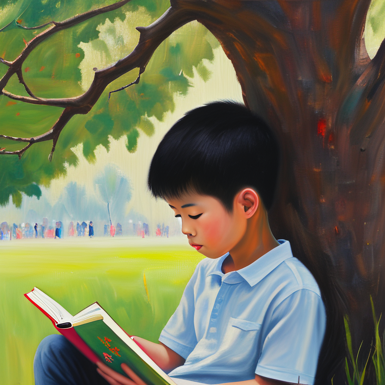 12岁的小男孩在树下看书,现代风油画