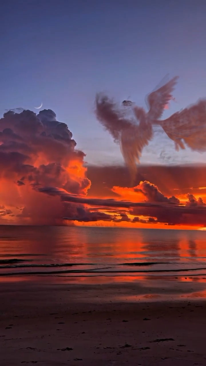 摄影师在黄昏的海滩拍到了凤凰一样的云彩,太奇妙了