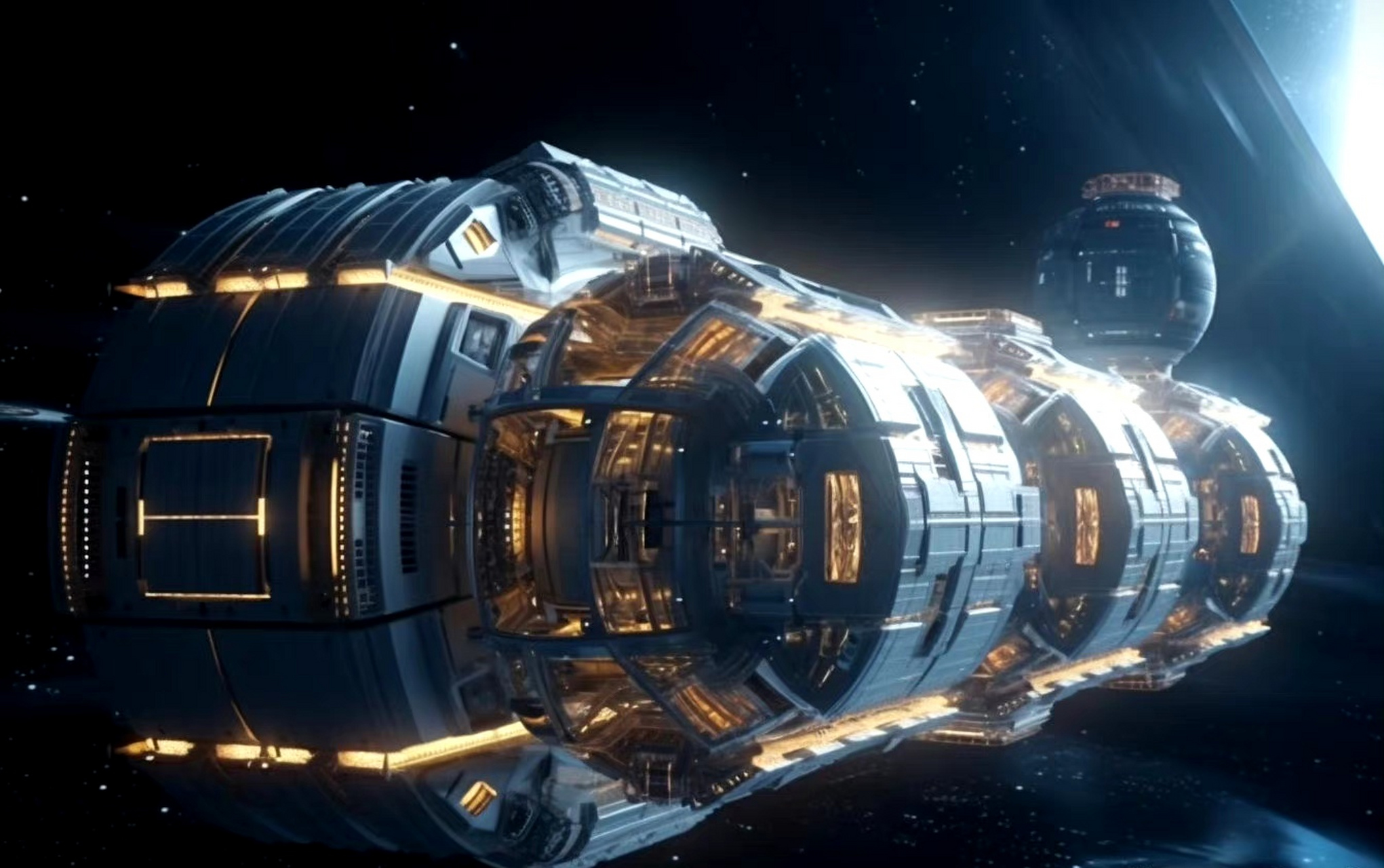 ai创作:一组未来空间站的概念图,大部分都具有可旋转的人工重力环形