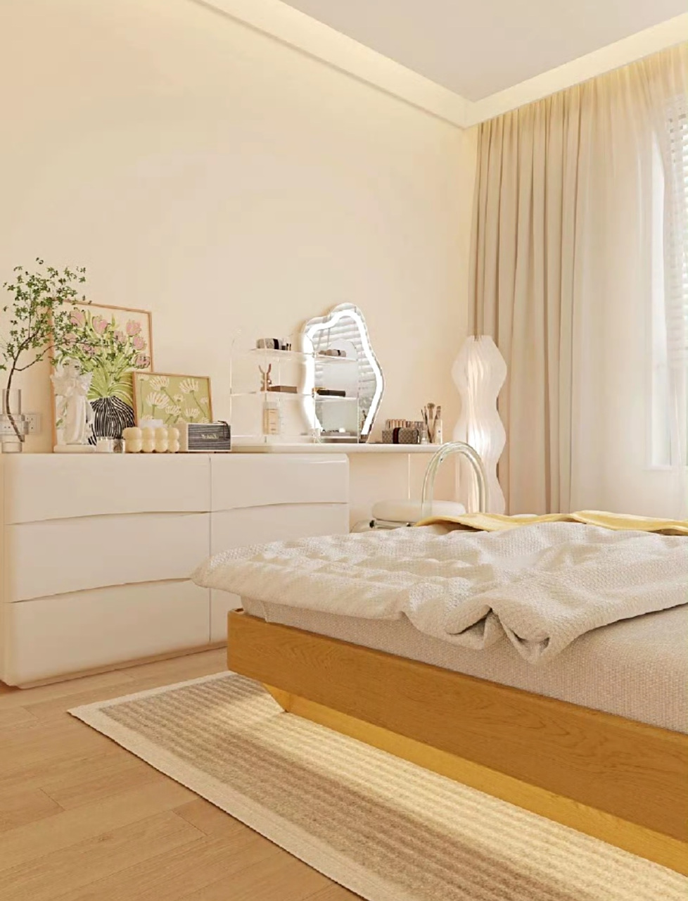 奶油原木风卧室,悬浮箱体床除了好看以外,收纳也超级强919191