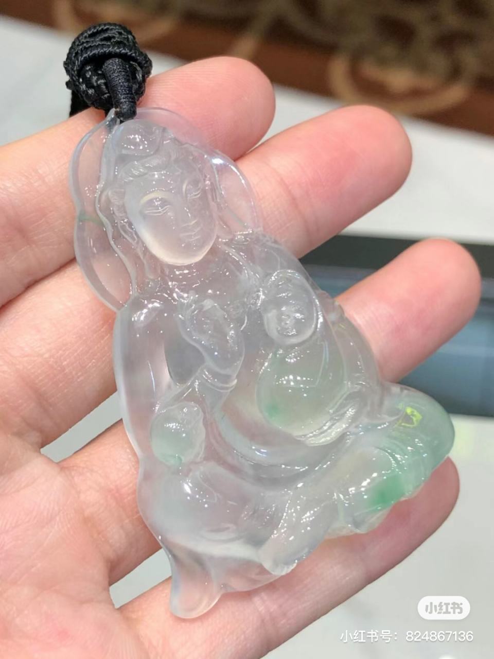 翡翠吊坠|高冰飘翠送子观音|||90水头足的高冰种翡翠送子观音项链