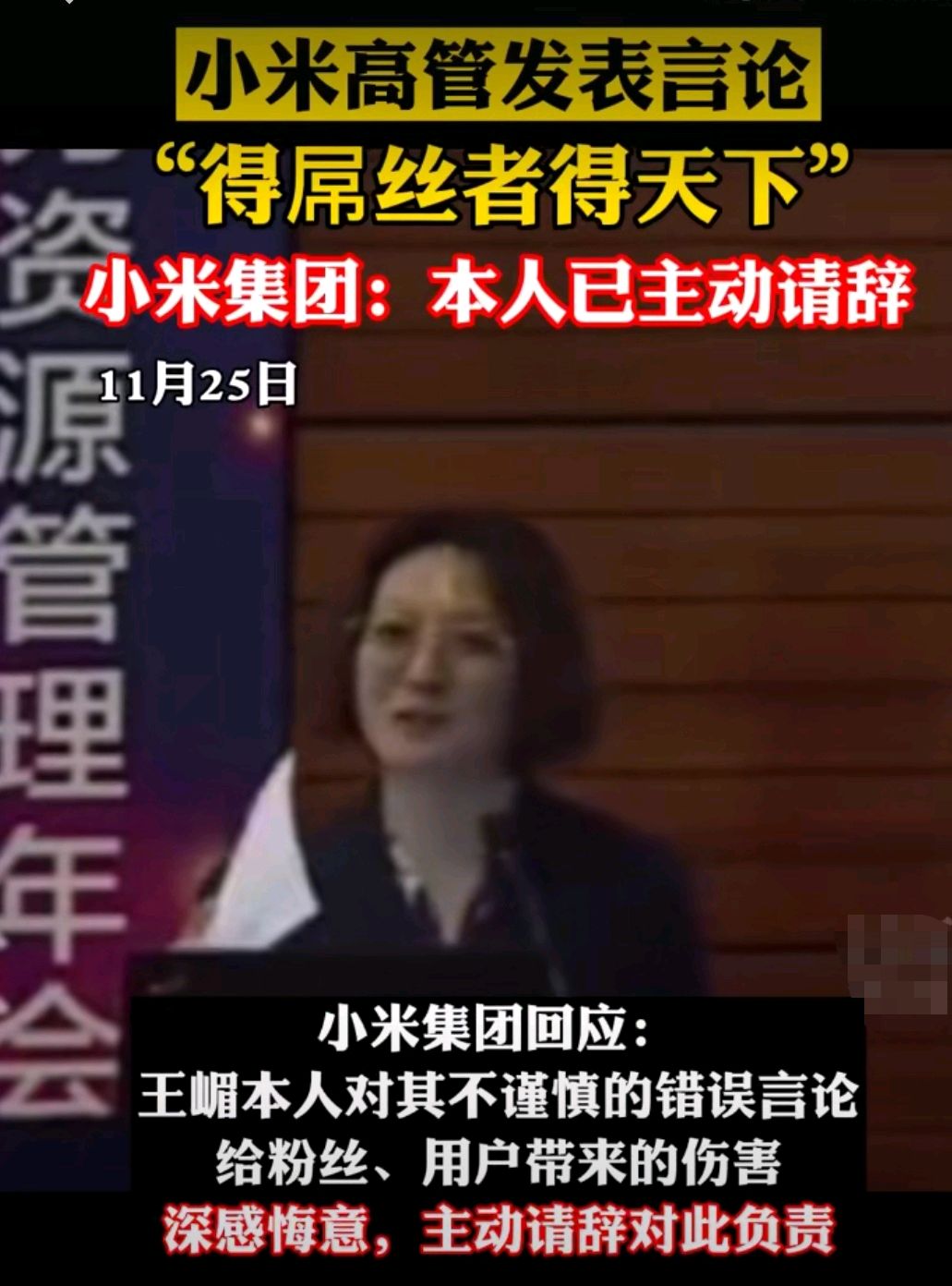 小米集团回应王嵋错误言论,本人深感悔意,已主动请辞