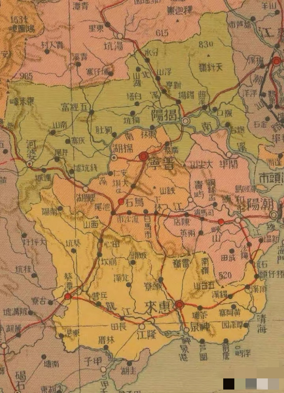 這是1940年,廣東省揭陽老地圖,精確到村鎮,含普寧縣,惠來縣,當時還沒