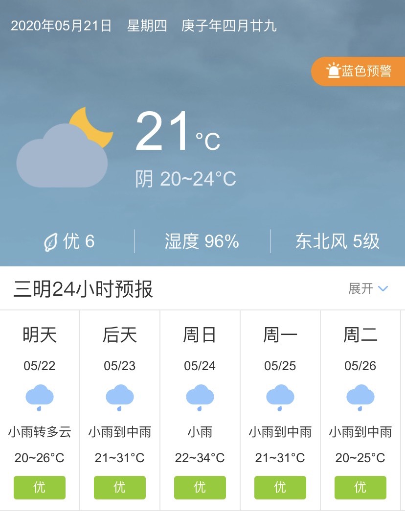 福建三明5月22日起未来五天天气预报
