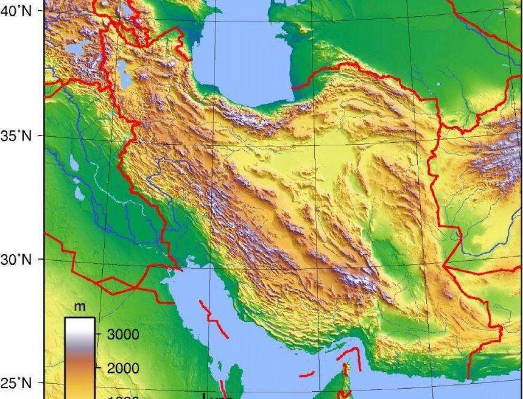 伊朗地形图 伊朗北面连接的是里海和高加索山脉;东面相接的是兴都库