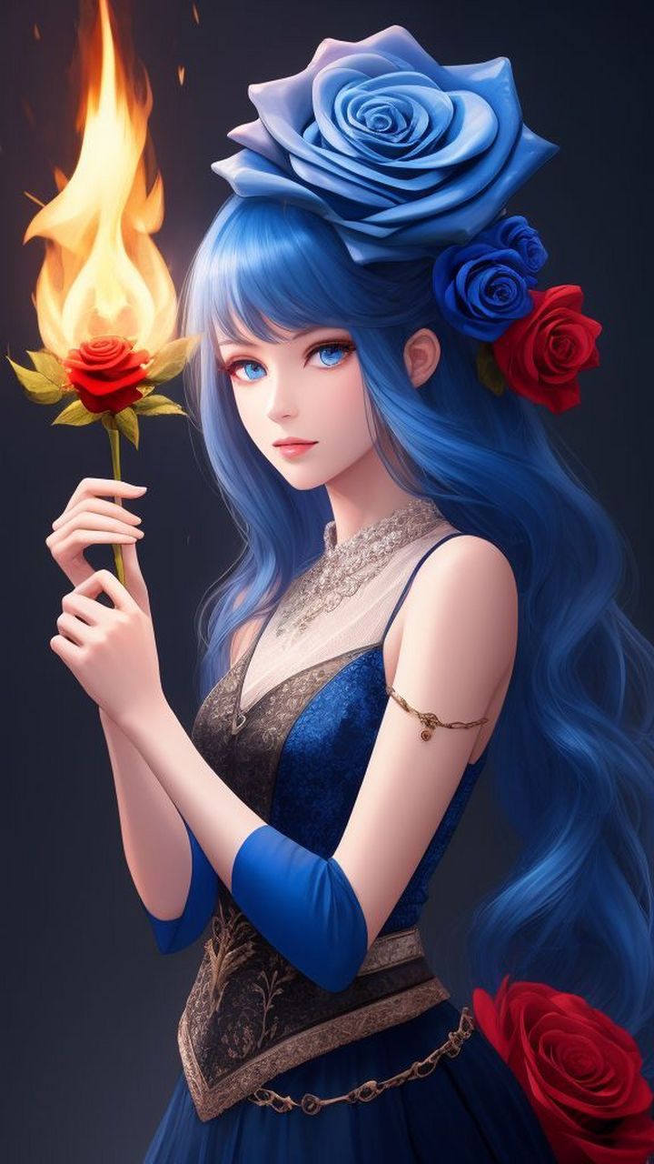 蓝色妖姬美少女,红蓝玫瑰月季花 #ai艺术季# #ai绘画# #百度ai绘图黑