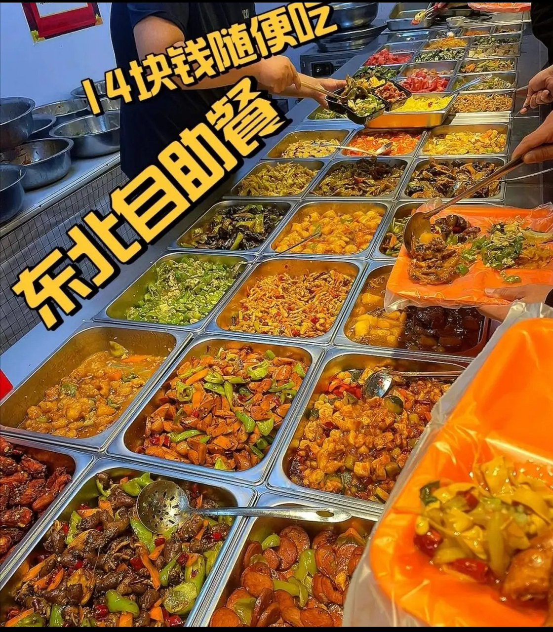 东北盒饭真的这么实惠嘛, 这么多菜,才14. 好想去吃.