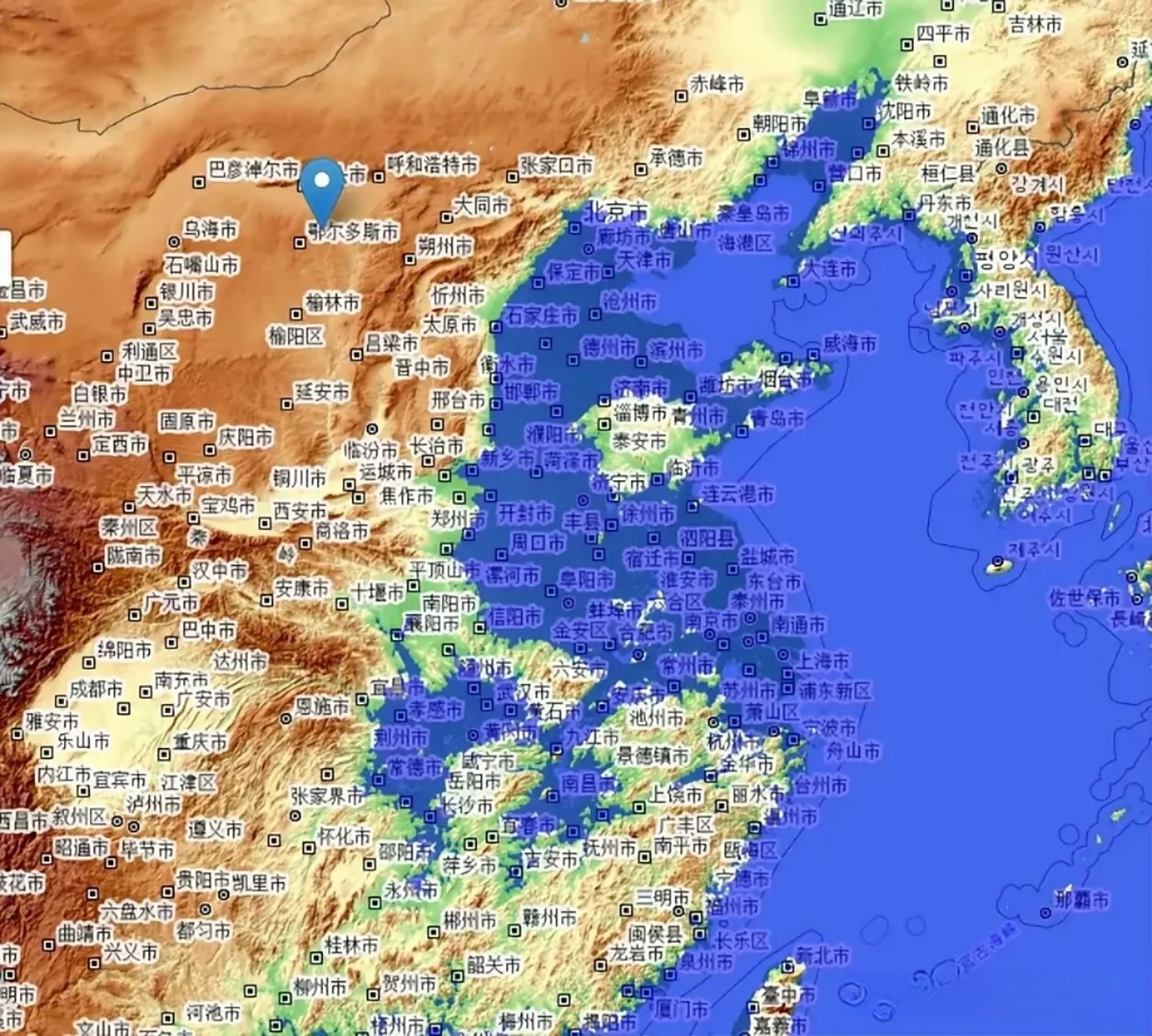 海平面上升70米,也就是地球上的冰川全部融化,就是这个样子的.