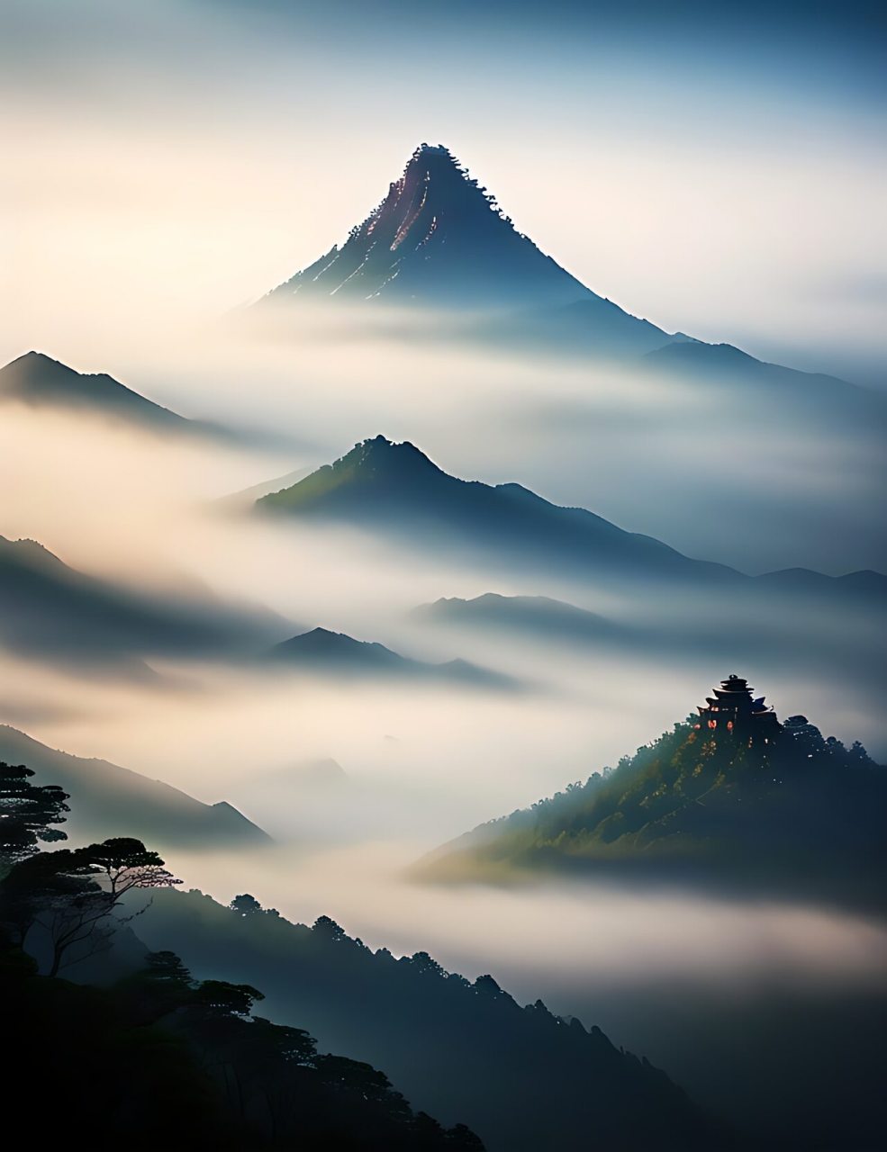 那些笼罩在山头的云雾,就像是戴在山顶上的白色绒帽;那些缠绕在半山的