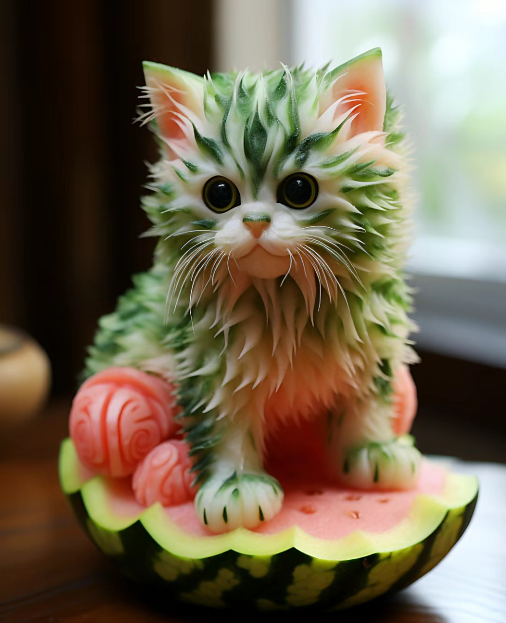 栩栩如生,创意感也很足,据悉要雕上这样一件西瓜艺术品至少需要八小时