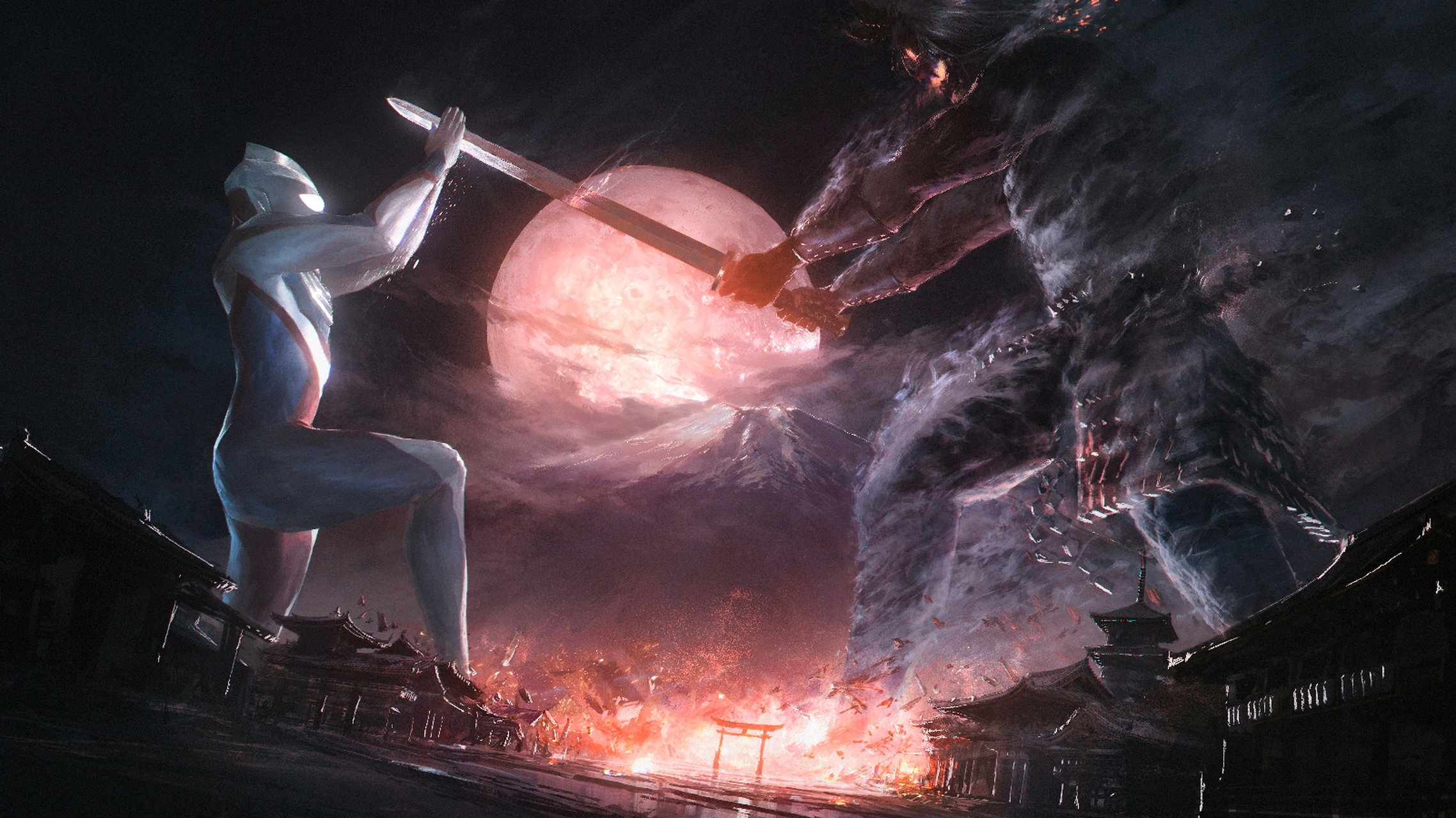 令人震撼壁纸系列——迪迦血战鬼武士#迪迦奥特曼# #ai绘画# #动漫