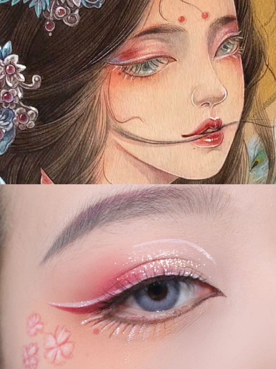古风插画仿妆,爆闪眼线笔画桃花眼妆～ 我彩色眼线爱好者居然现在才
