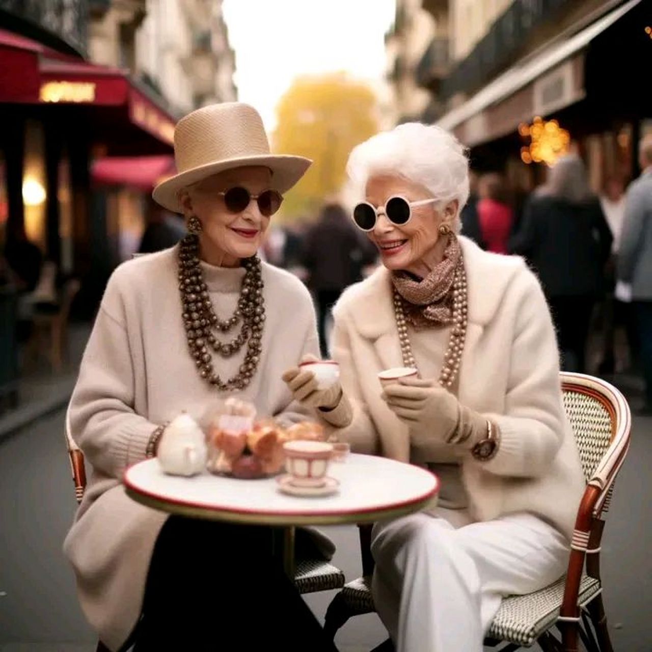 一白发老奶奶与闺蜜一起喝下午茶,精致优雅