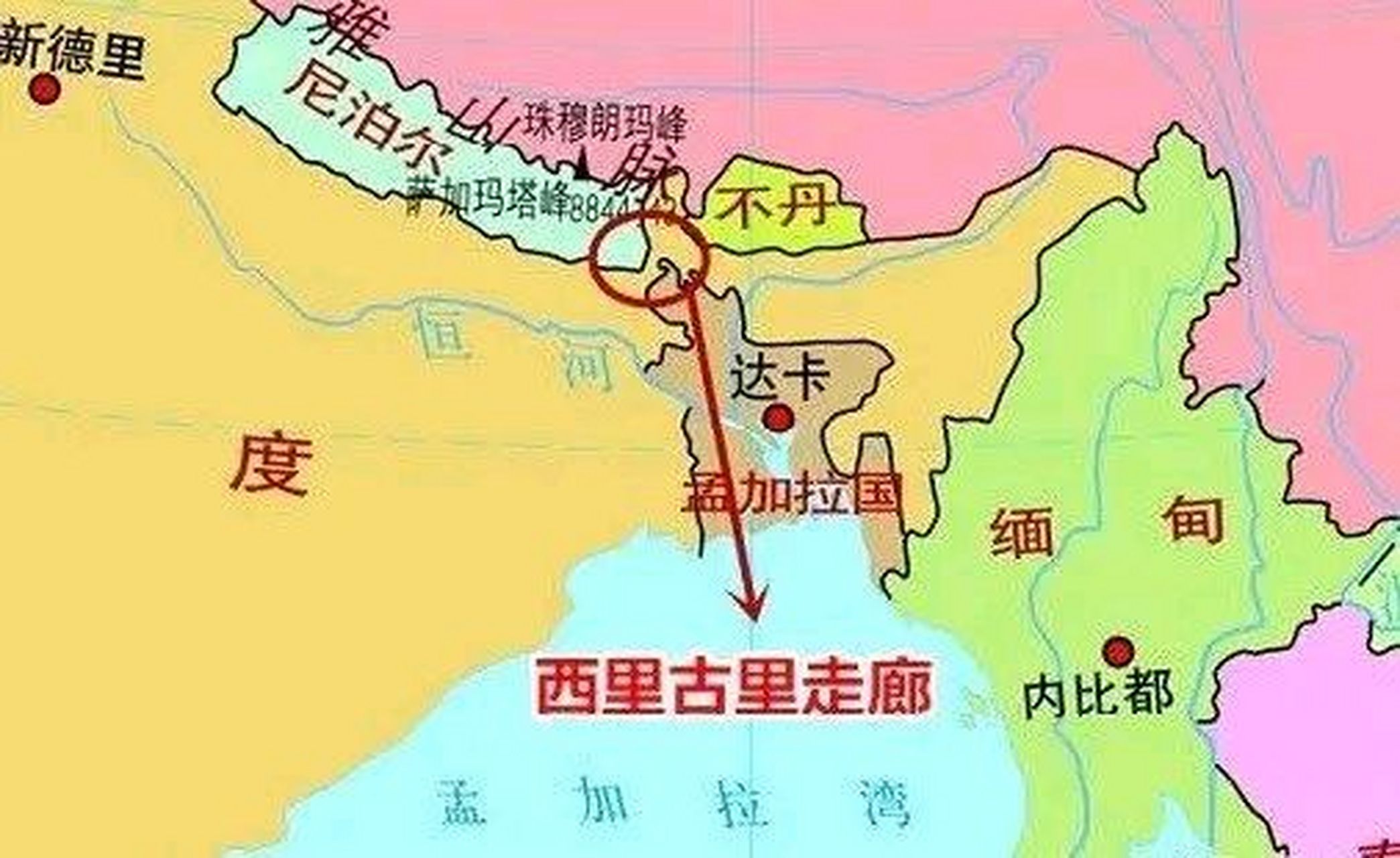 西里走廊最窄出仅仅为20千米.西里古里走廊是印度的七寸.