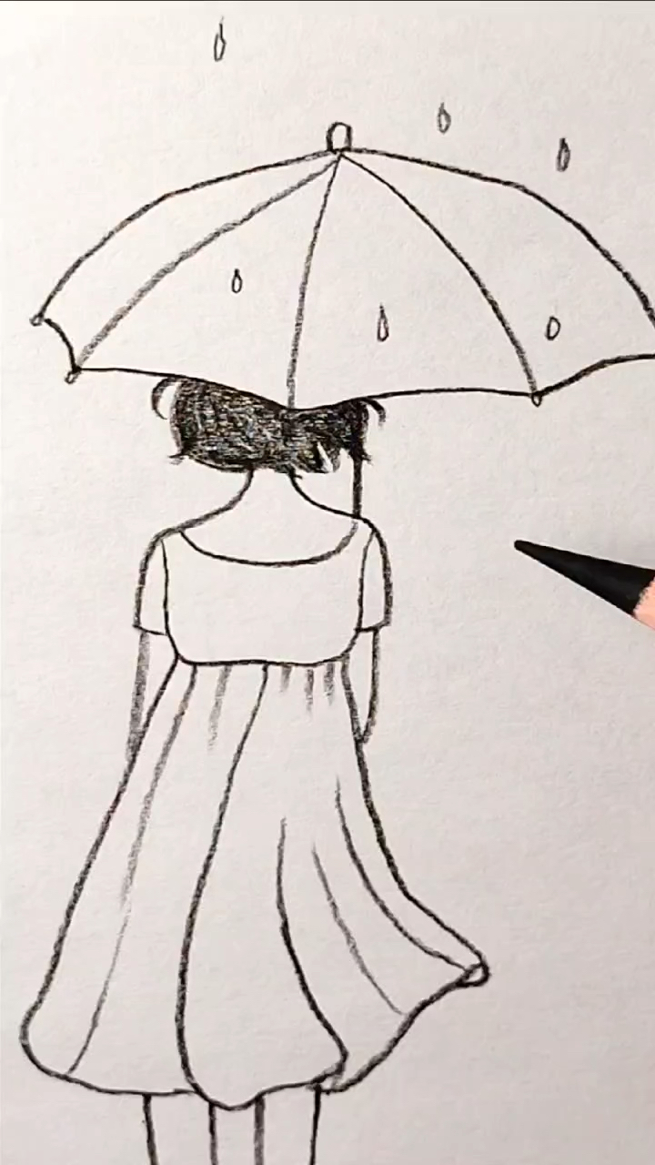 打伞的女孩简笔画古风图片