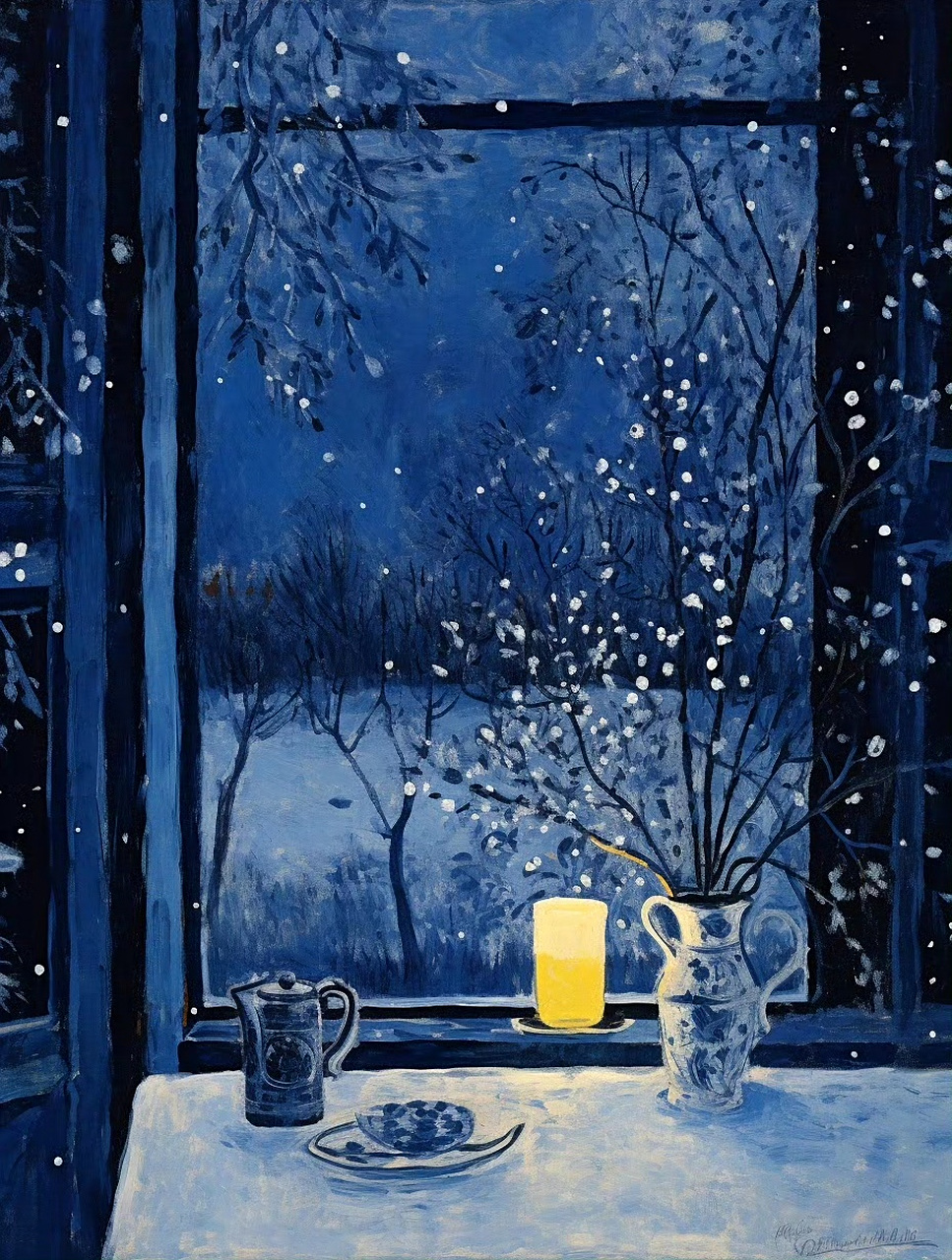 一组风景油画作品欣赏,展现了克莱因蓝的雪夜,画面带有朦胧的美感.