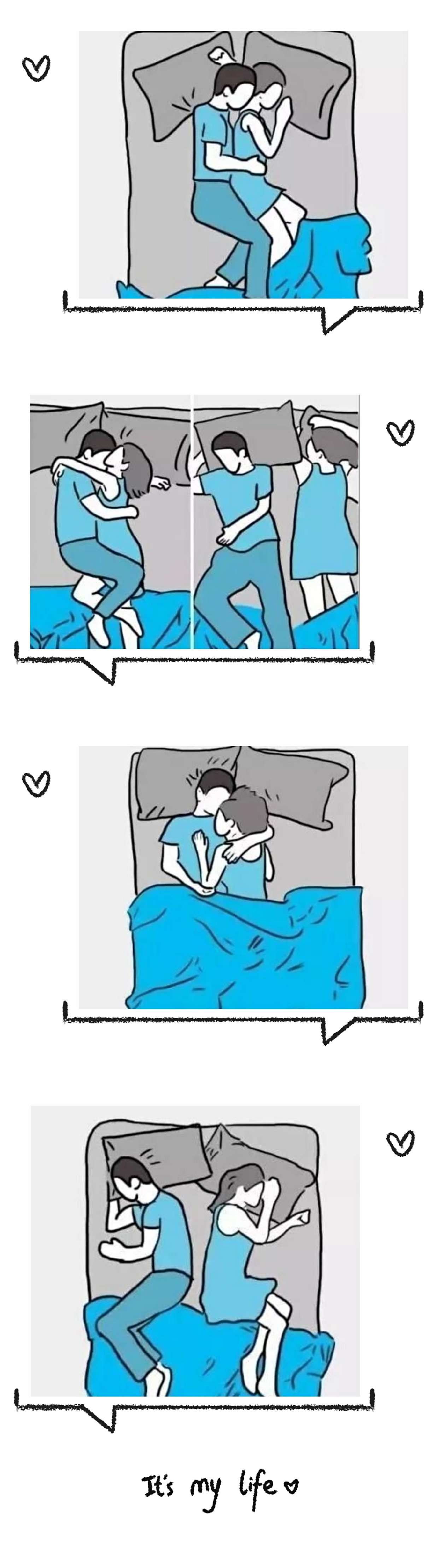 一张睡姿变化图微妙反映男女婚姻生活中感情的不同阶段