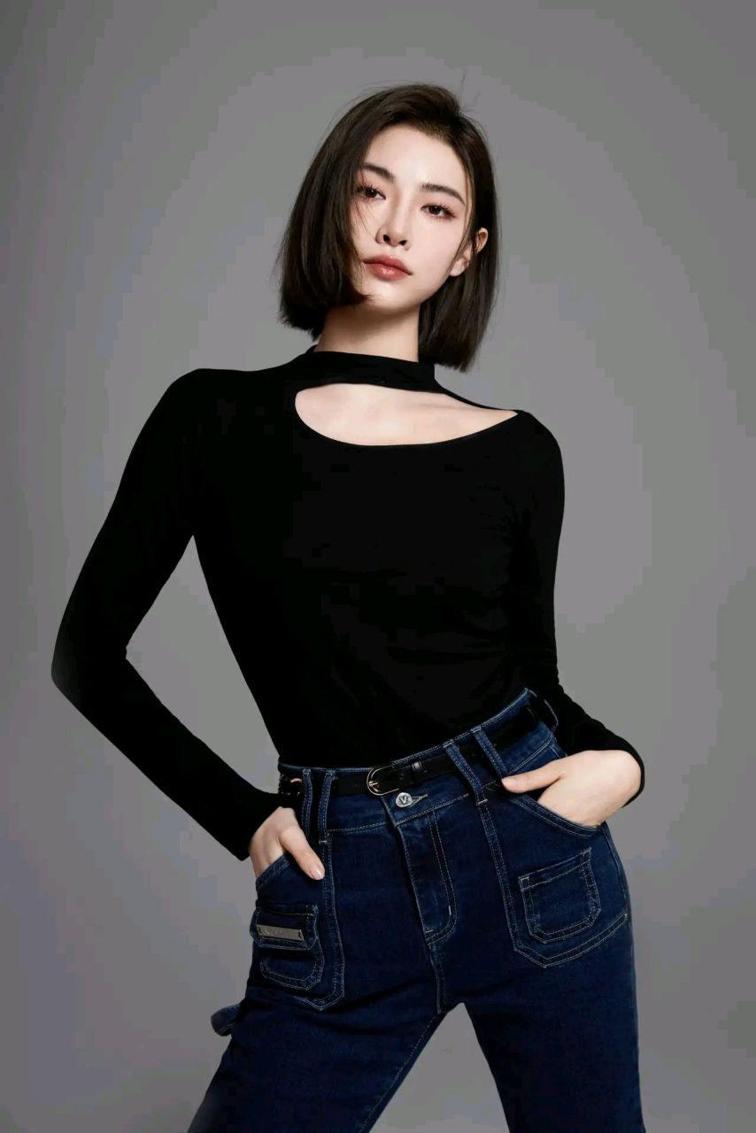许佳琪黑色打底衫,牛仔裤,齐短发,妆容精致,烈焰红唇,美艳酷飒!