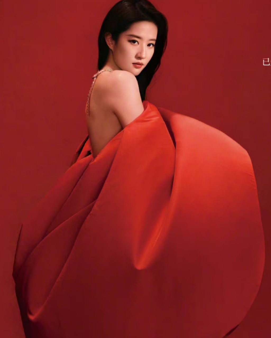 刘亦菲的杂志封面照太高级,红色礼服梦回花木兰时期,简单的场景却表现