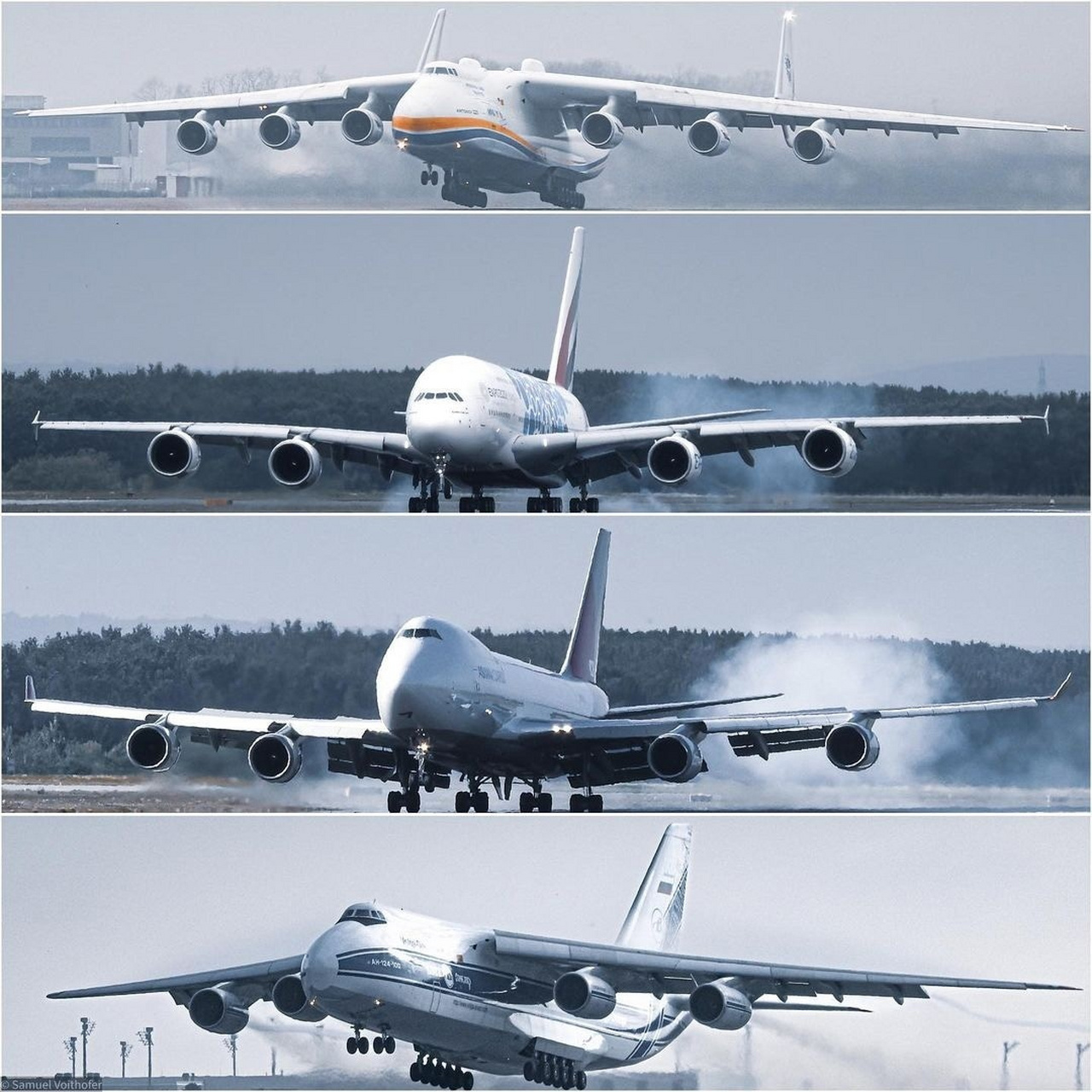 分别是空客a380,波音747,安225和安124.