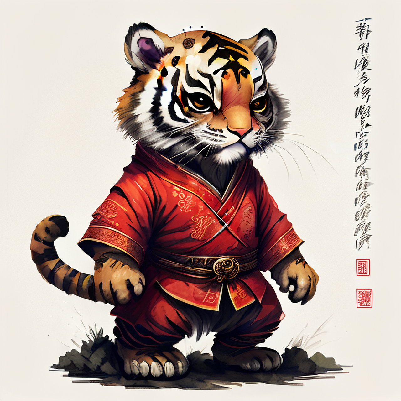 百度ai绘图黑科技#可爱的拟人化小老虎,中国生肖,穿着红色汉服与止