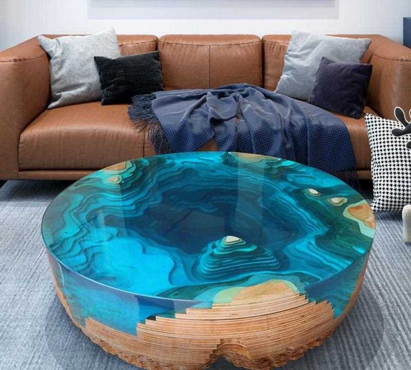 北欧实木树脂河流桌新款茶几花几小户型圆形桌子轻奢网红家具纯手工